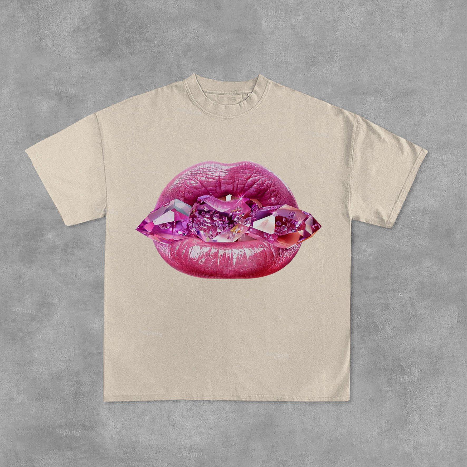 Sexy Jeweled Lips Print Graphic Cotton Tees Product Image