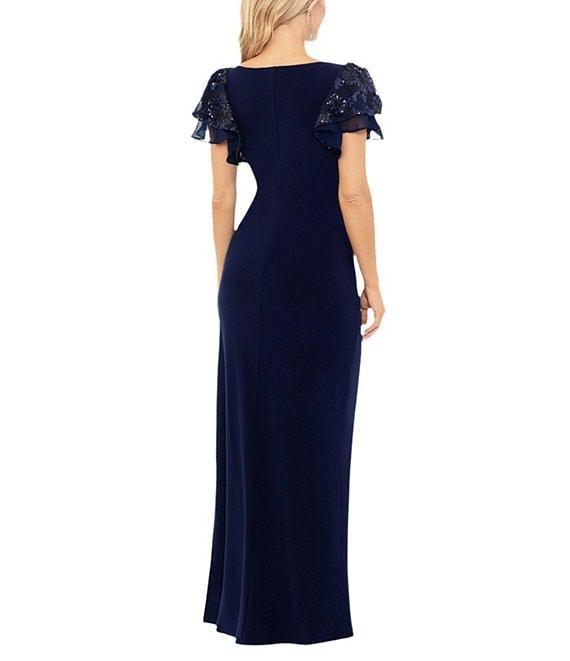 Betsy & Adam Petite Size Short Sequin Sleeve V-Neck Faux Wrap Gown Product Image