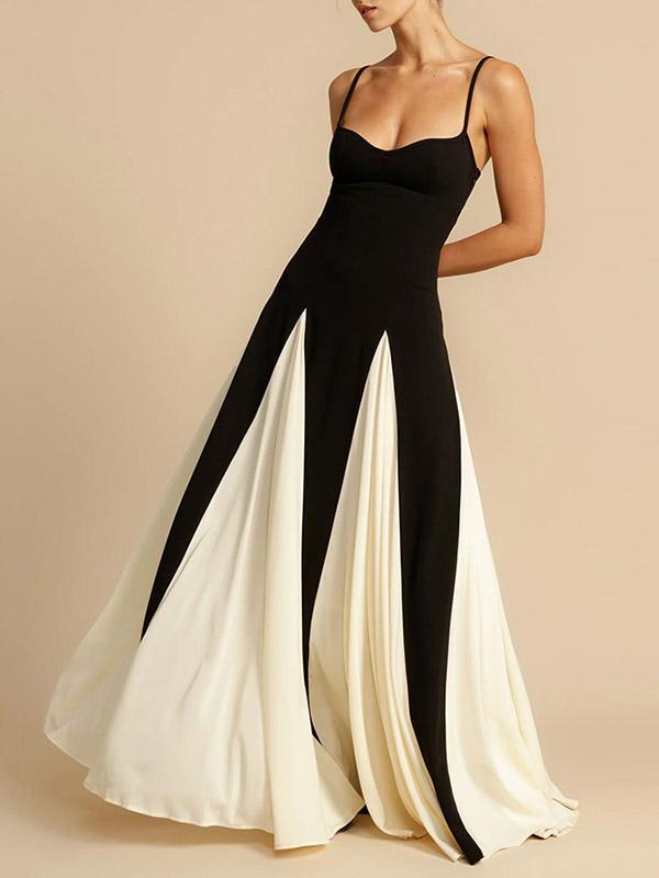 A-Line Sleeveless Contrast Color Pleated Split-Joint Spaghetti-Neck Evening Dresses Maxi Dresses Product Image