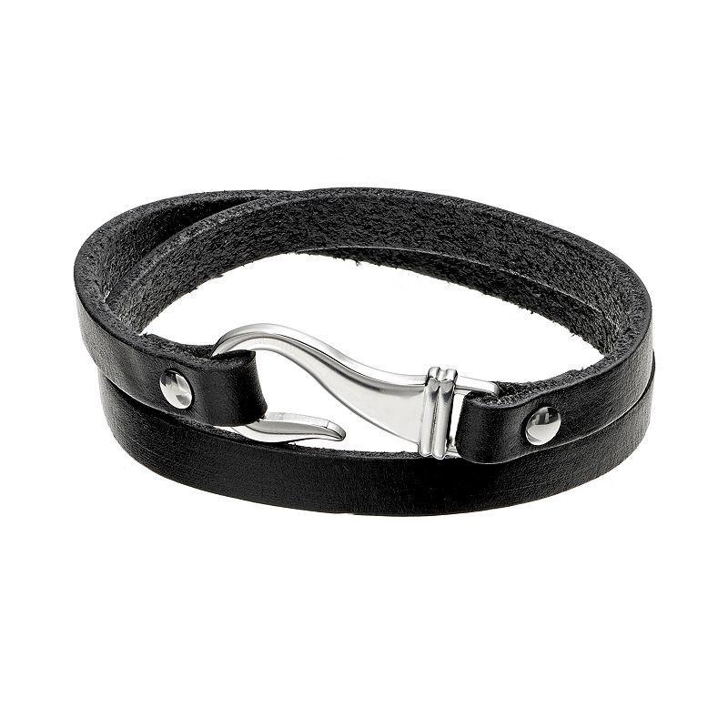 Stainless Steel and Leather Wrap Bracelet - Men, Mens Black Product Image