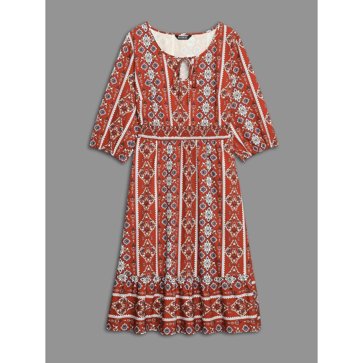 Plus Size Boho Print Shirred Tie Knot Midi Dress Russet Women Resort Tie knot V-neck Elbow-length sleeve Curvy BloomChic 30/6X Product Image