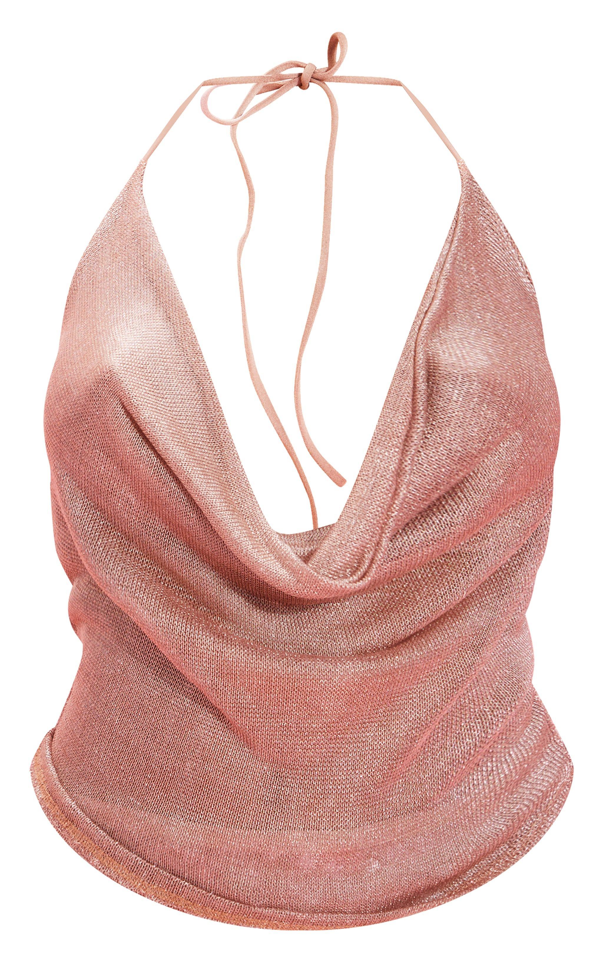 Rose Gold Metallic Knit Cowl Neck Top Product Image