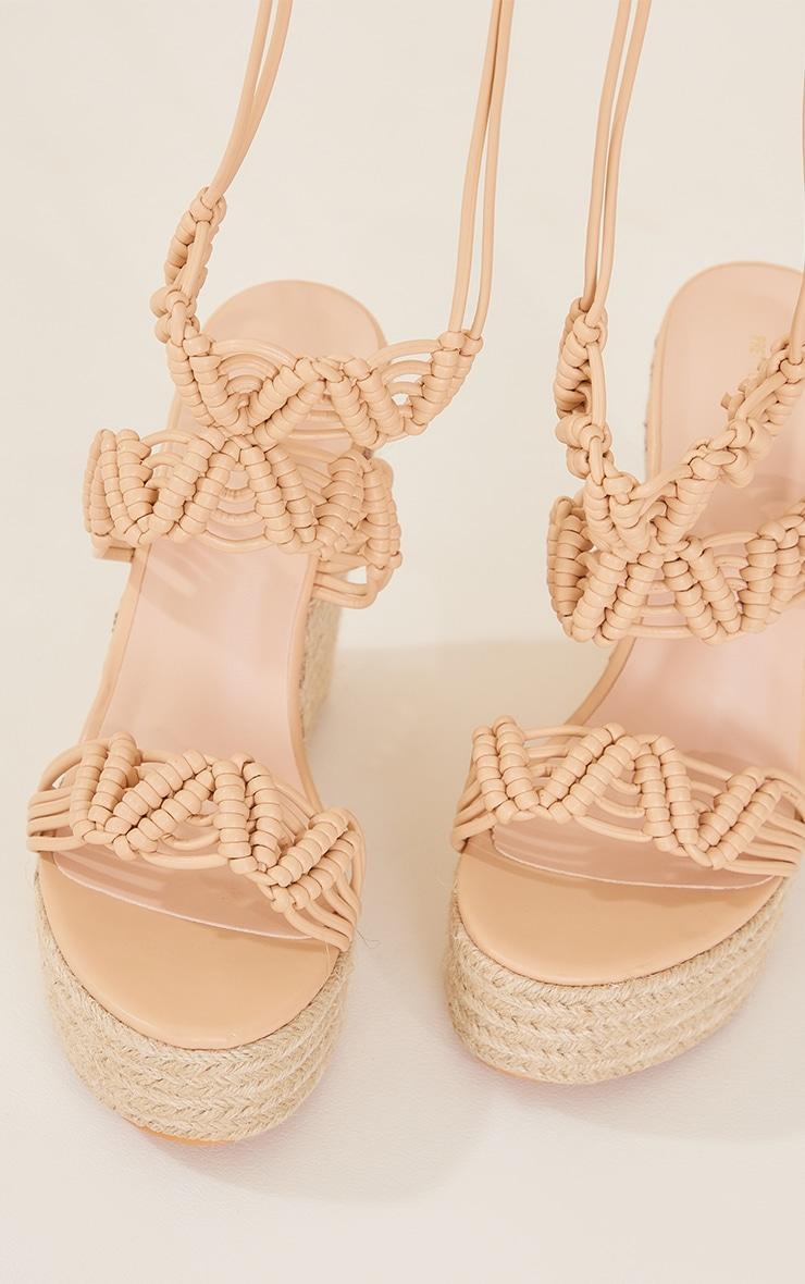 Beige Pu Woven Lace Up Espadrille Heeled Wedges Product Image