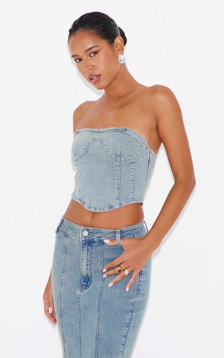 Light Blue Vintage Wash Seam Detail Denim Corset Top Product Image