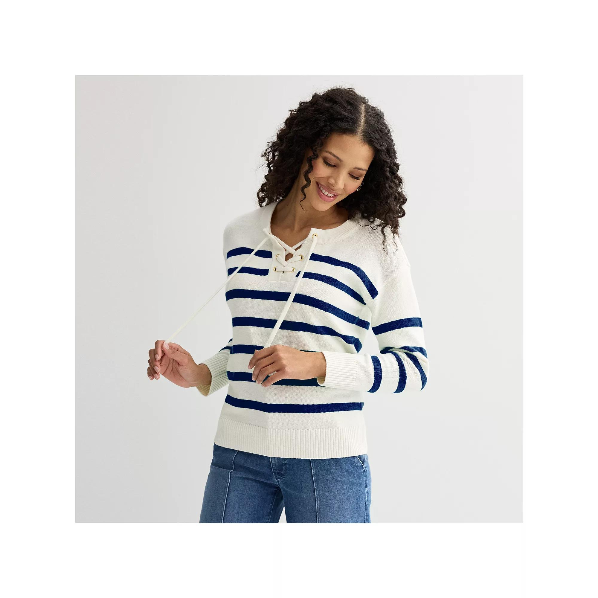 Women's Croft & Barrow® Lace-Up Drop Shoulder Pullover Sweater, Size: XL, Blue Mariner Stripe Product Image