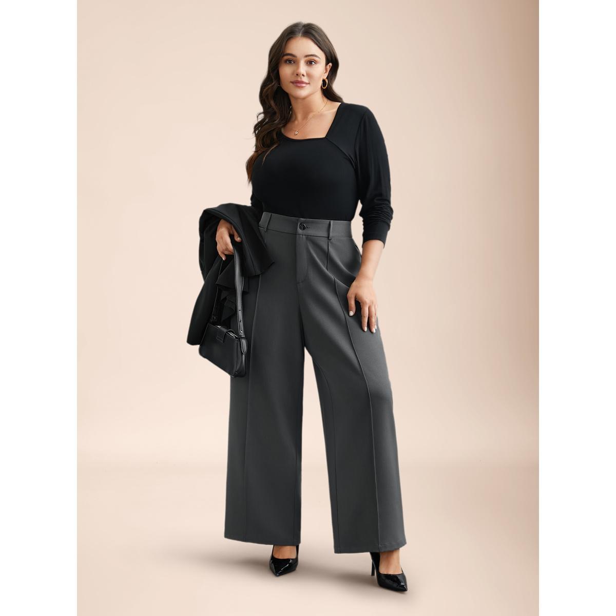 Plus Size Stretchy-Waist Seamed Plicated Detail Pants Women DimGray Workwear Essentials Wide Leg Mid Rise Work Pants BloomChic 26/4X Product Image