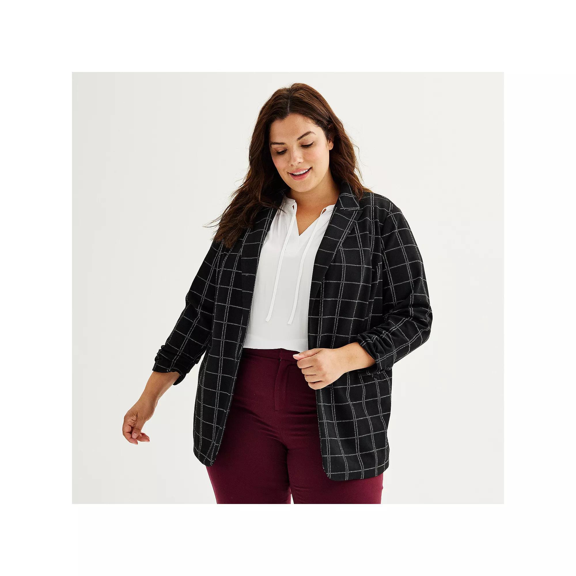 Plus Size Nine West Knit Closureless Blazer, Women's, Size: 3XL, Black Windowpane Product Image