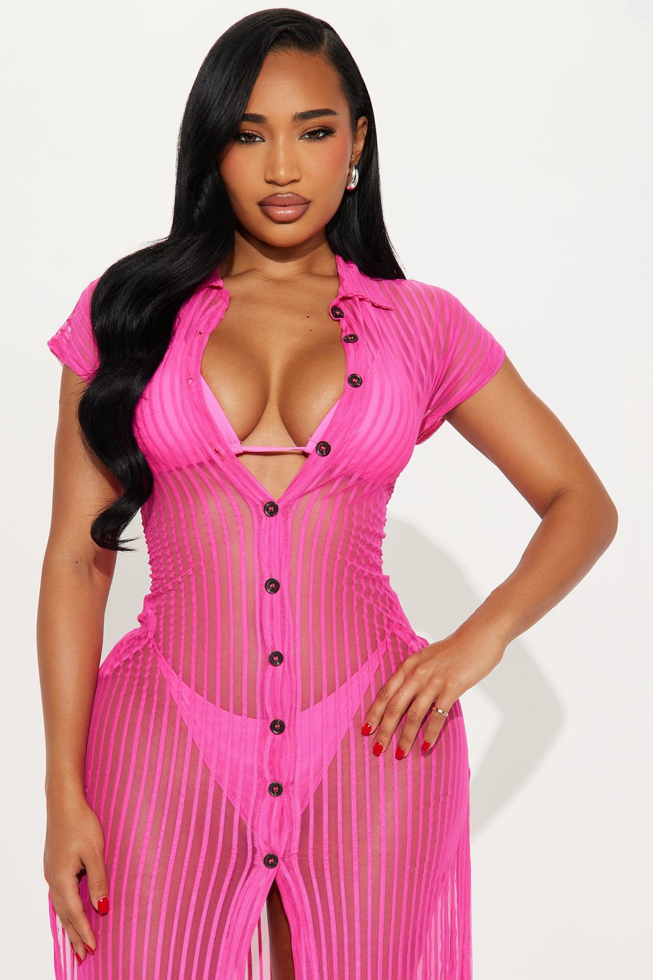 Palm Shade Stripe Midi Button Up Cover Up - Pink Female Product Image