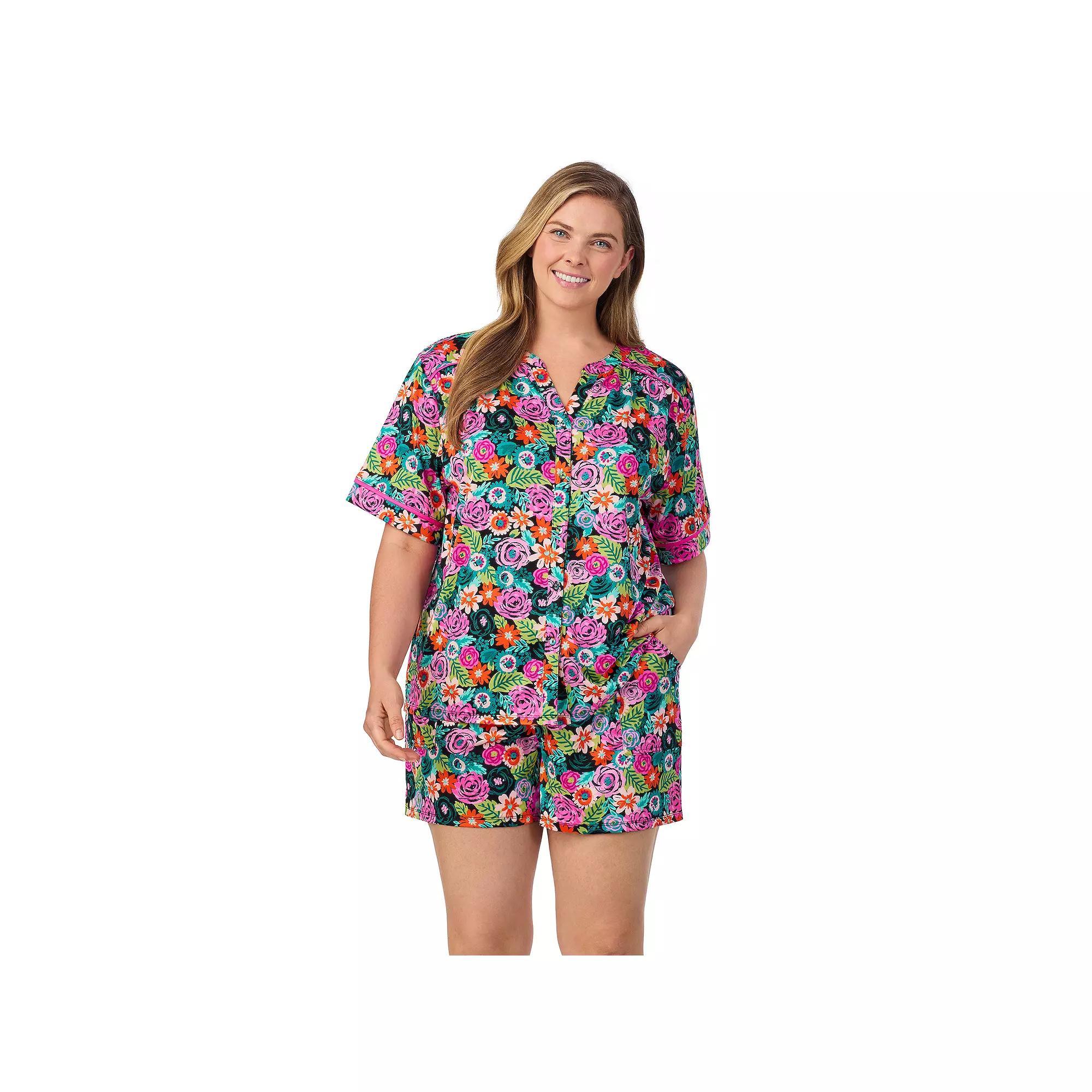 Plus Size Cuddl Duds® Short Sleeve Split Neck Pajama Top & Pajama Shorts Set, Women's, Size: 3XL, Black Floral Product Image