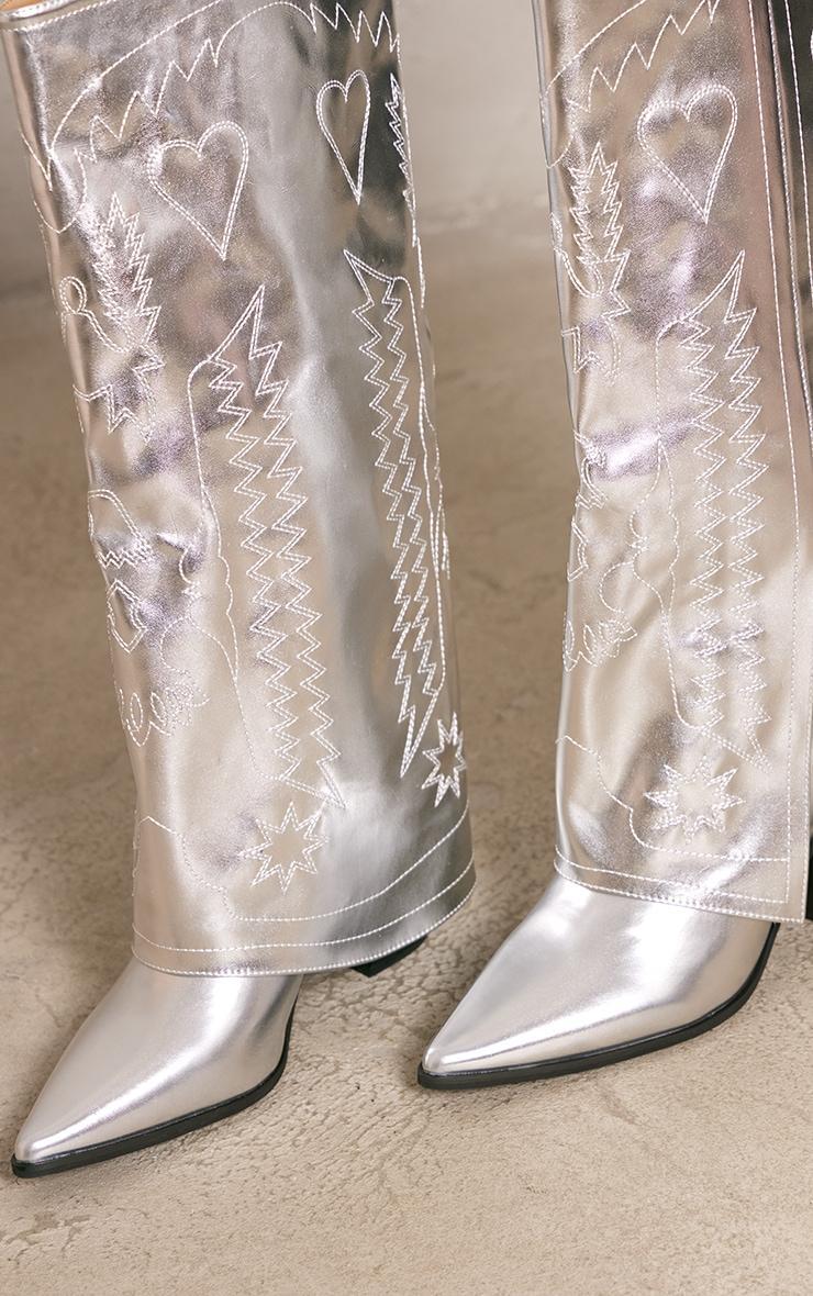 Silver Pu Point Toe Fold Over Split Hem Knee High Western Boots Product Image