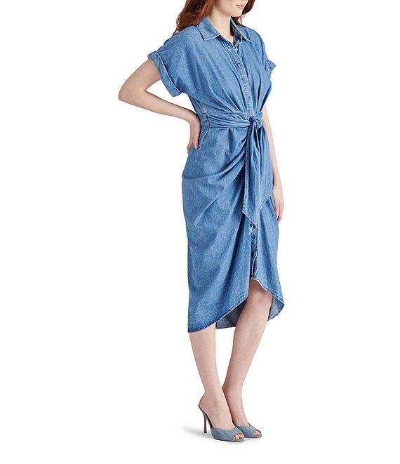 Steve Madden Chambray Point Collar Button Down Tie-Front Short Sleeve Dress Product Image