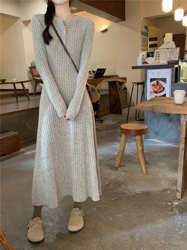 Long-Sleeve Henley Melange Ribbed Midi A-Line Knit Dress Product Image