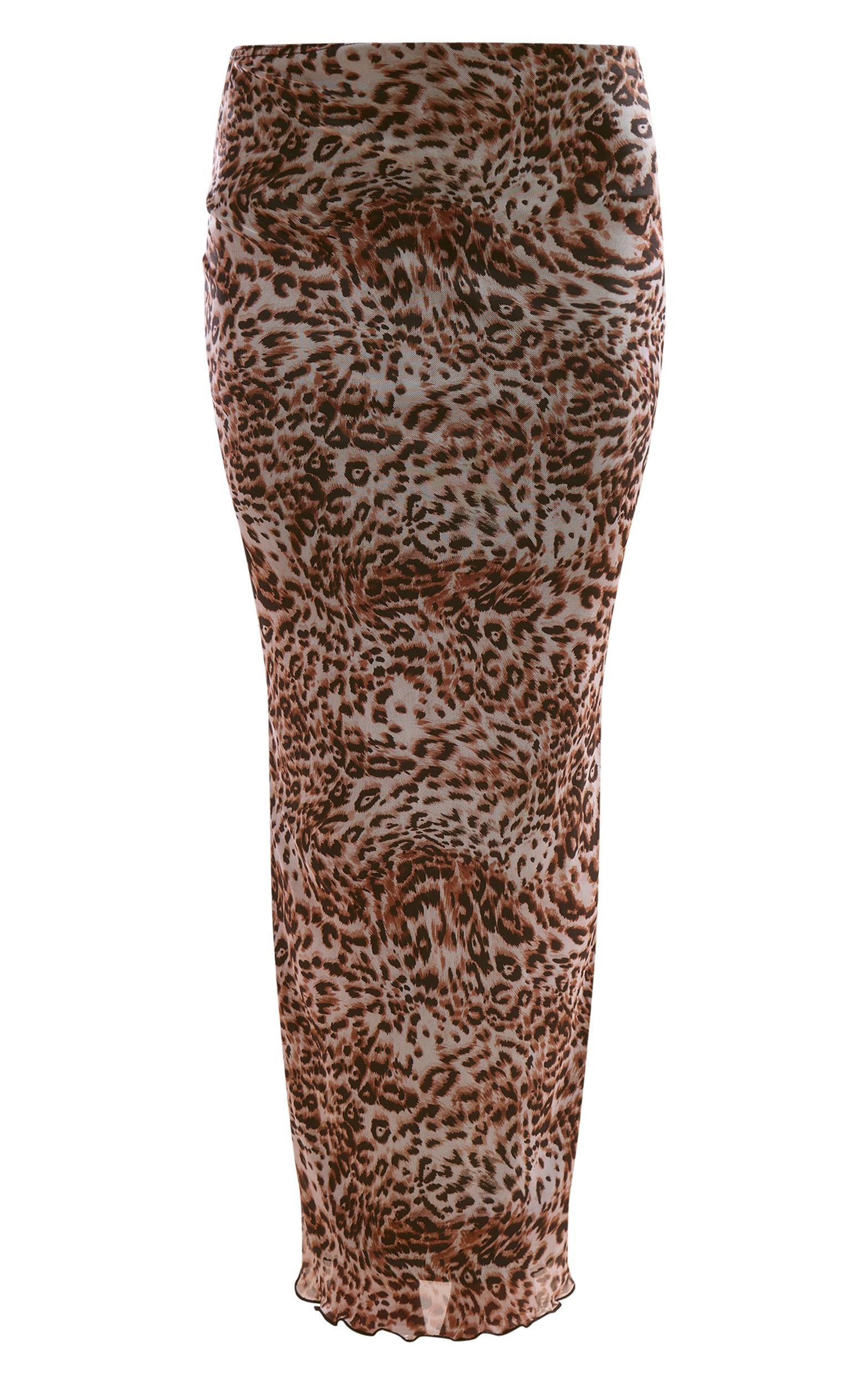 Brown Leopard Print Mesh Low Rise Midaxi Skirt Product Image