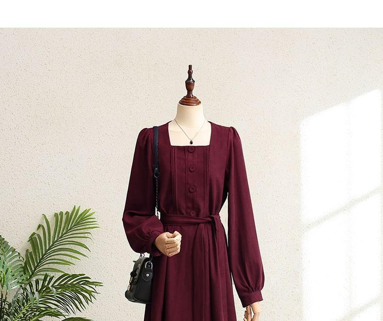 Long Sleeve Square Neck Plain Tie-Waist Midi A-Line Dress Product Image