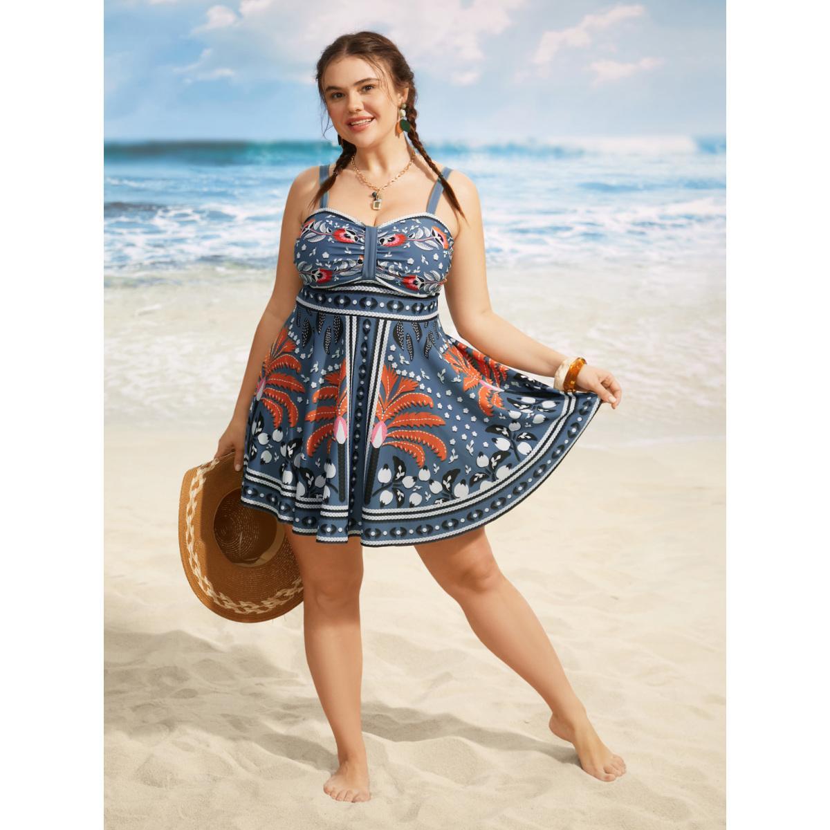 Plus Size Bandana Print Heart Neckline Gathered Swim Dress Women's Swimwear Stone Beach Bodycon Heart neckline High stretch Curve Swim Dresses BloomChic 26/4X Product Image