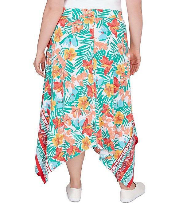 Ruby Rd. Plus Size Crepe Knit Tropical Geo Print Elastic Waist Asymmetrical Hem Midi Pull-On A-Line Skirt Product Image