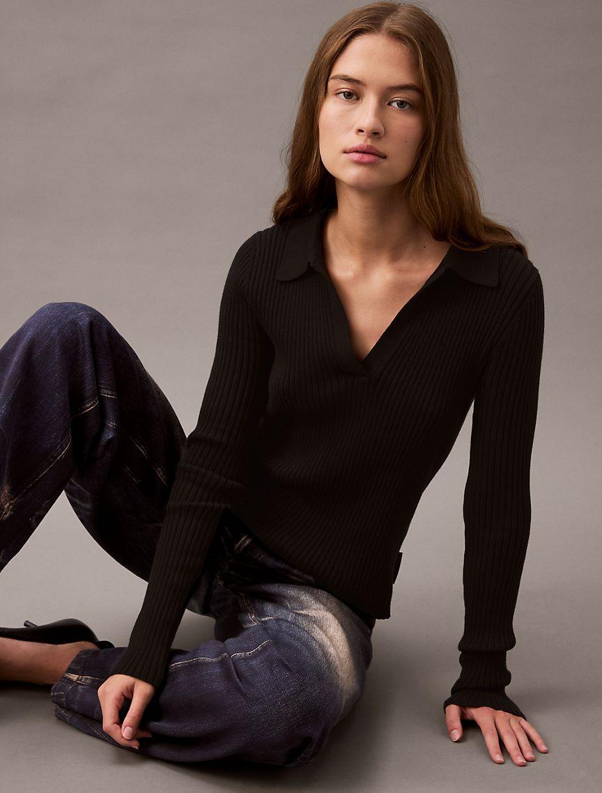 Smooth Cotton Rib Long Sleeve Polo Sweater Product Image