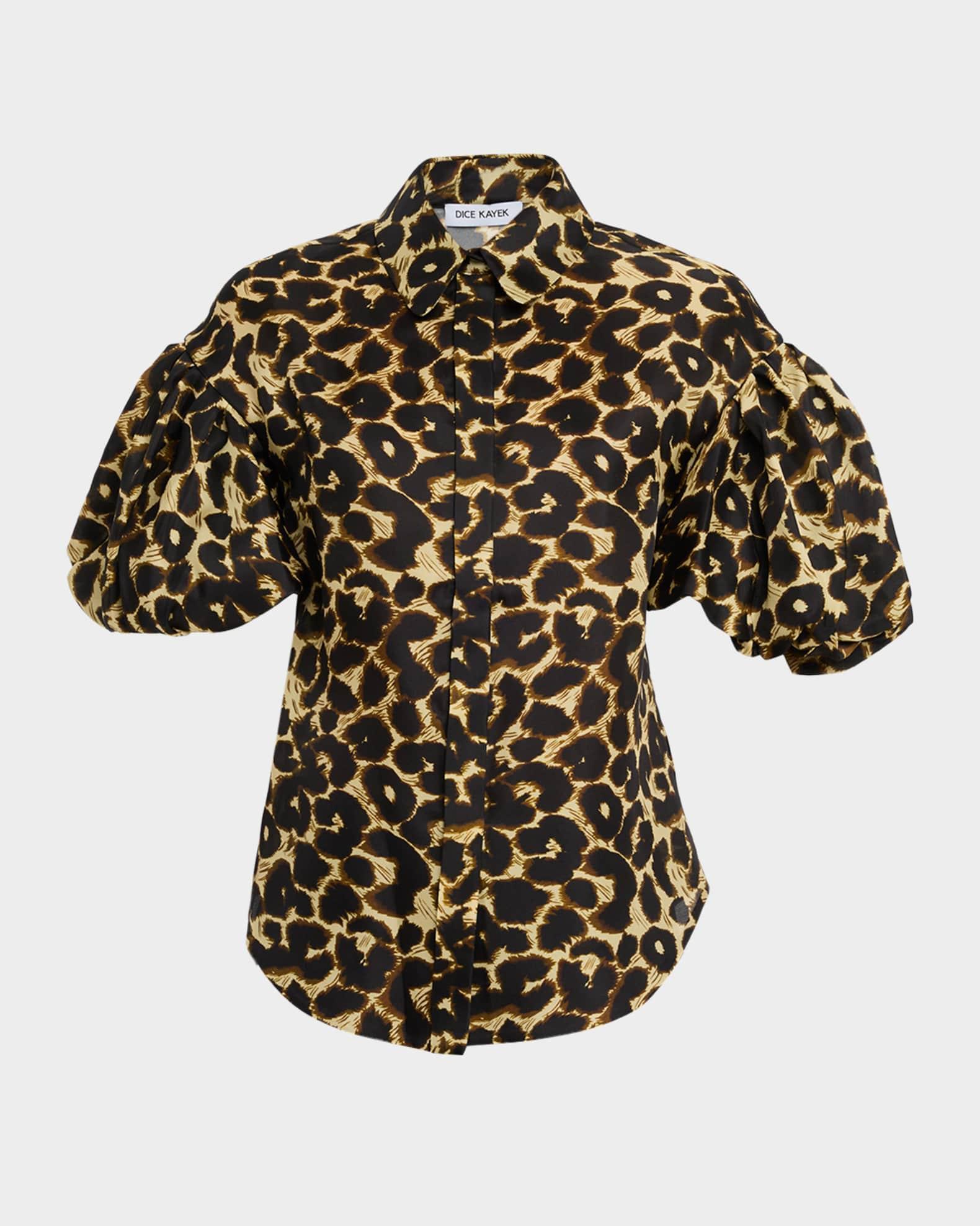 Leopard-Print Puff-Sleeve Button-Down Shirt Product Image