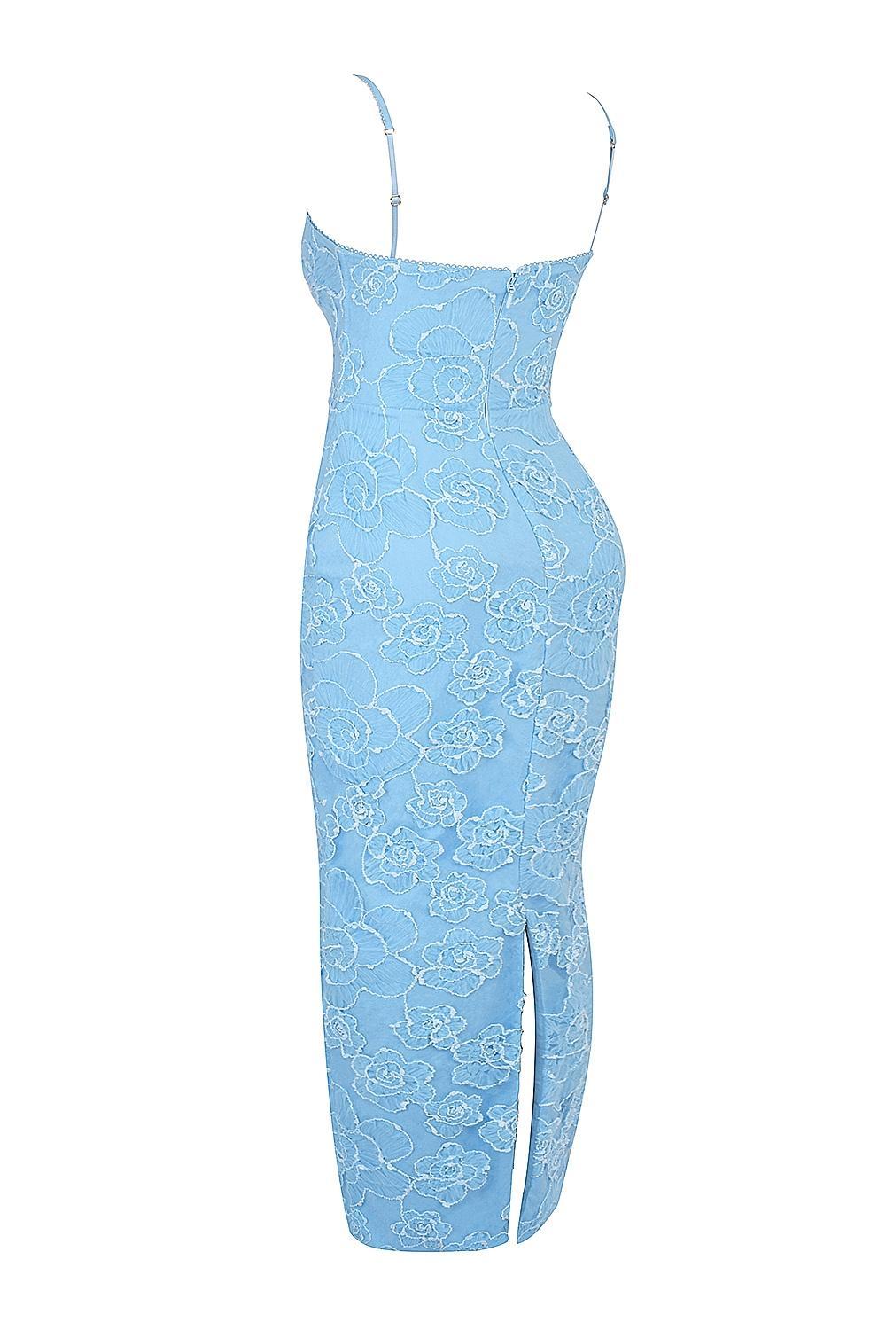 Eva  tuscan blue embroidered floral maxi dress Product Image