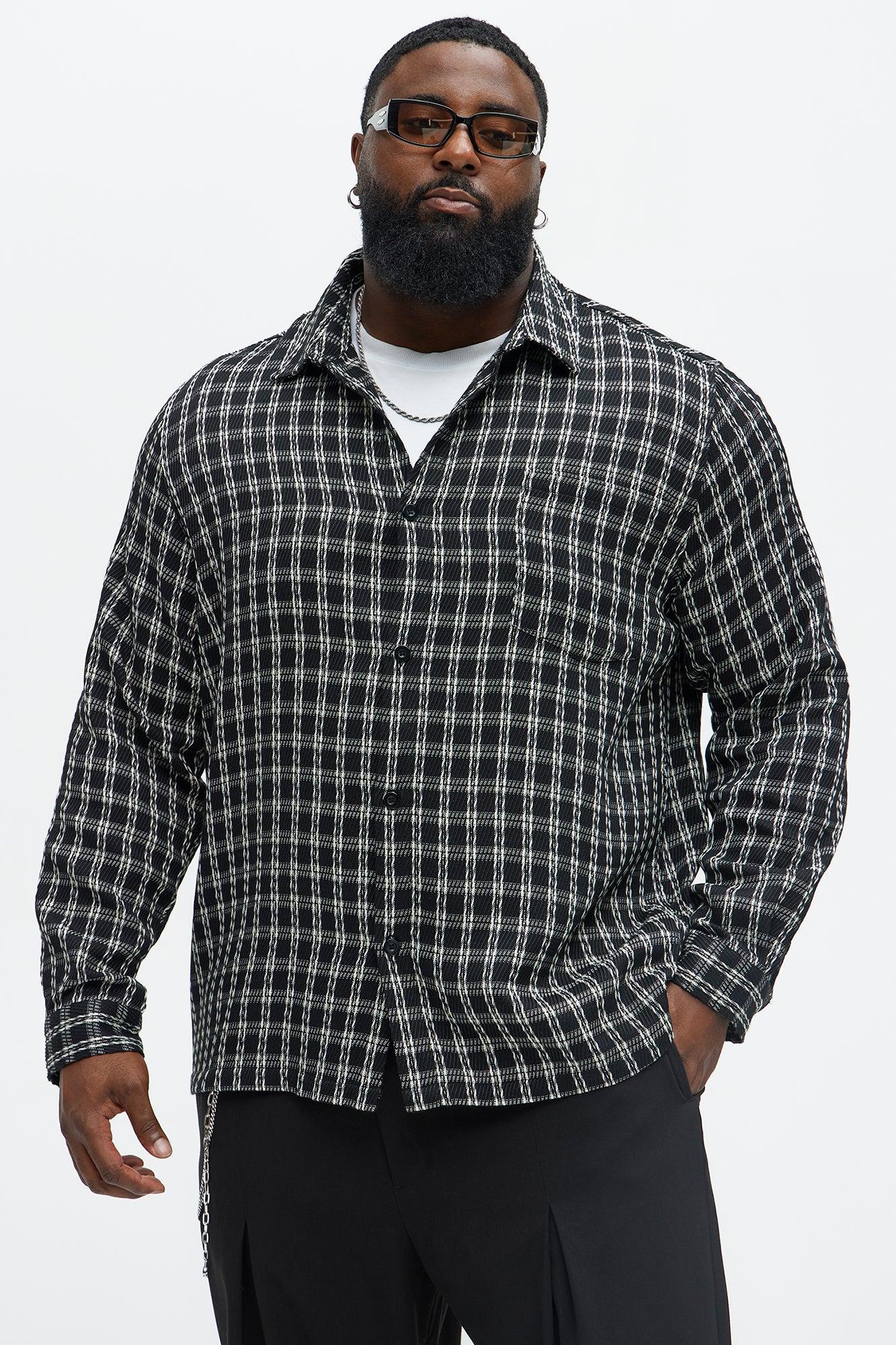 Jacquard Twill Plaid Long Sleeve Button Up - Black/White Product Image