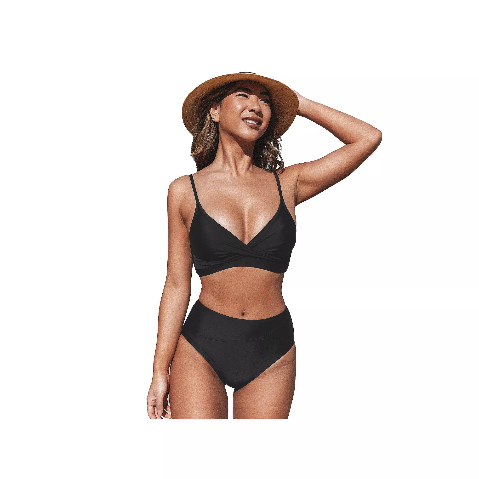 Women's Cupshe V-Neck Wrap Twist Top & High Waisted Bottoms Bikini Set, Size: Medium, Brown Product Image