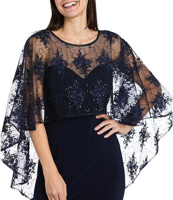 R & M Richards Sweetheart Neck Embroidered Mesh Cape Overlay Dress Product Image