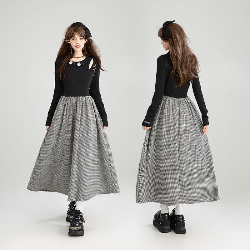 Long Sleeve Round Neck Cutout Plaid Panel Midi A-Line Dress Product Image