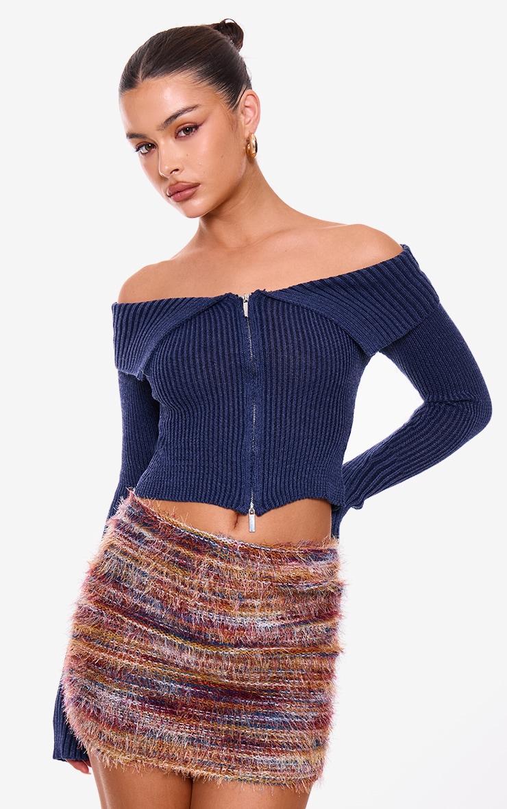 Navy Thick Rib Knit Foldover Zip Up Bardot Top Product Image