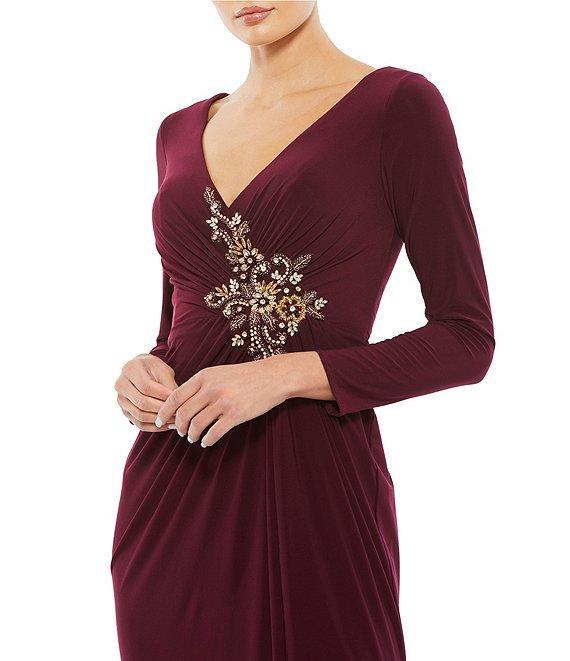 Mac Duggal Ruched Rhinestone Applique V-Neck Long Sleeve Gown Product Image