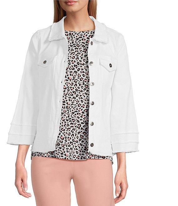 Multiples Slub Denim Fringe Point Collar 3/4 Sleeve Button Front Jacket Product Image