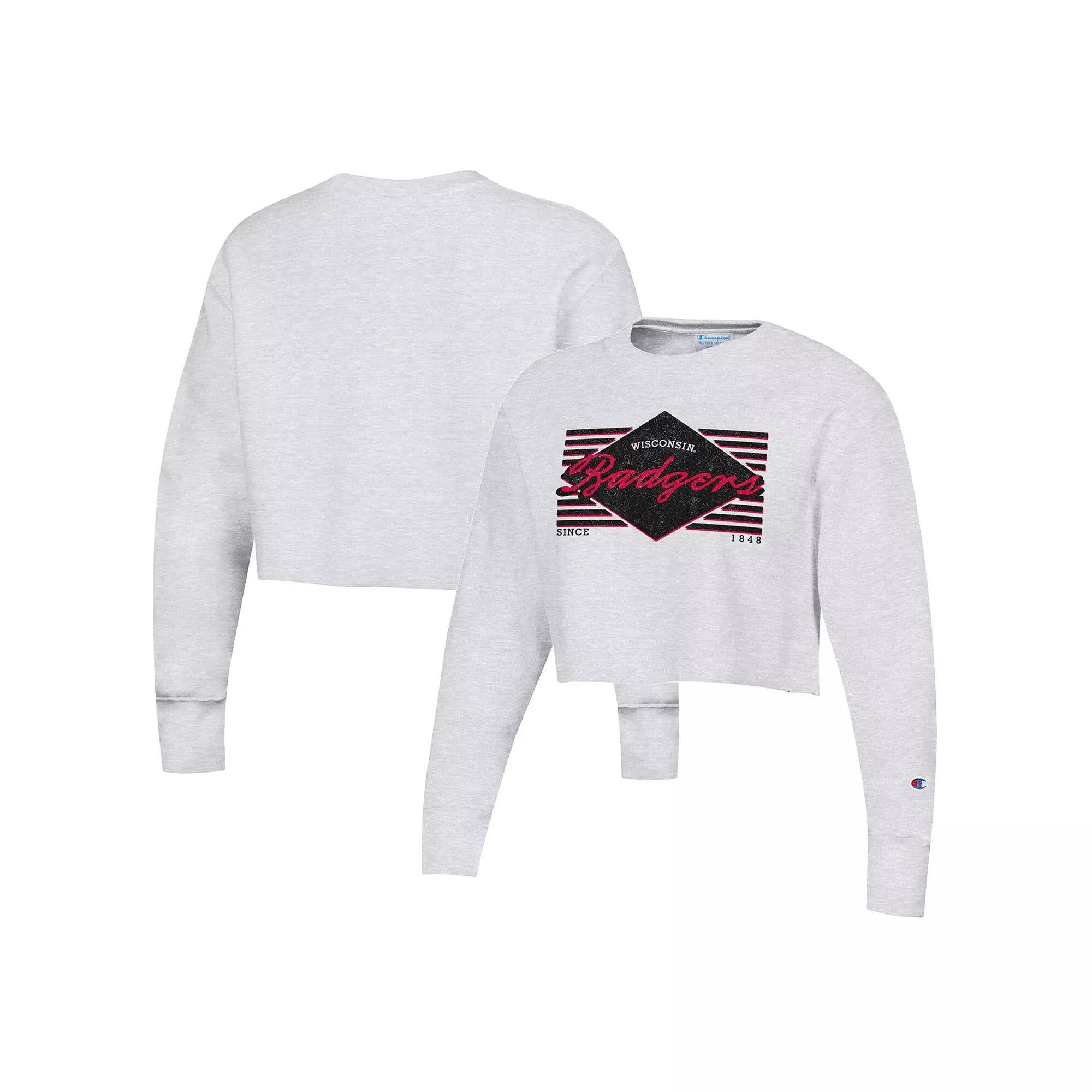 Women's Champion Heather Gray Wisconsin Badgers Reverse Weave Cropped Pullover Sweatshirt,  Product Image