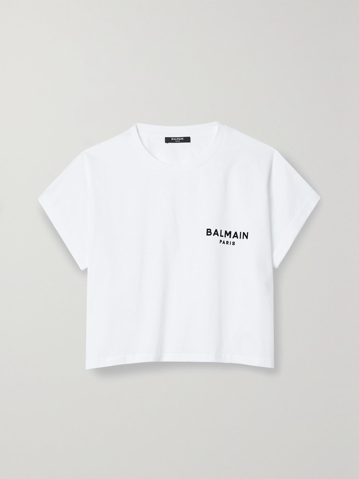 BALMAIN Cropped Flocked Cotton-jersey T-shirt In White Silver Product Image