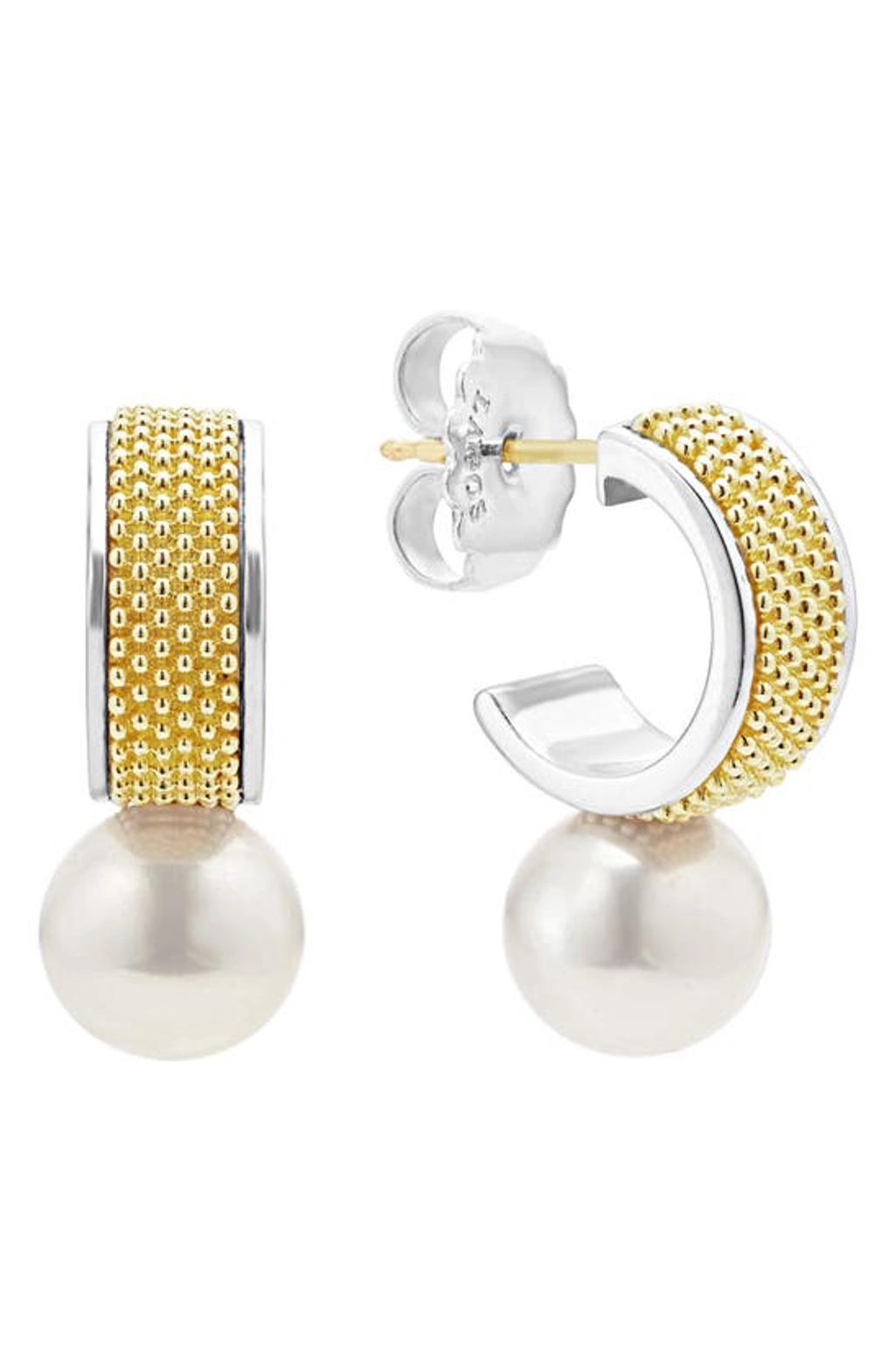 LAGOS 18k Yellow Gold & Sterling Silver Luna Cultured Freshwater Pearl Half Hoop Earrings Product Image