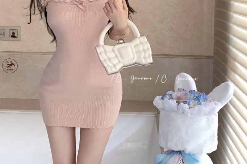 Spaghetti Strap Bow Lace Trim Mini Bodycon Knit Dress Product Image