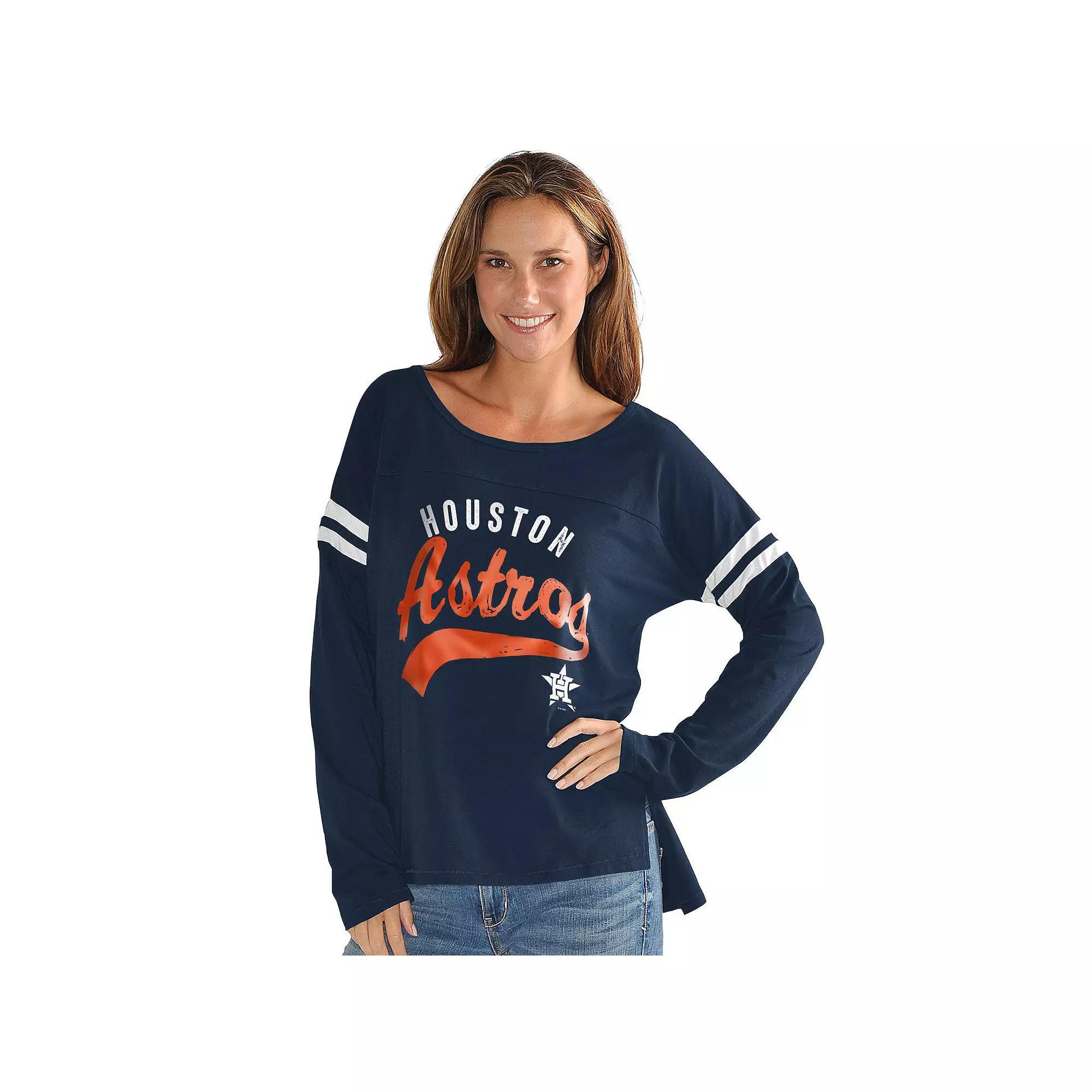 Women's G-III 4Her by Carl Banks  Navy Houston Astros Free Agent Distressed Long Sleeve Scoop Neck T-Shirt, Size: Small, Blue Product Image
