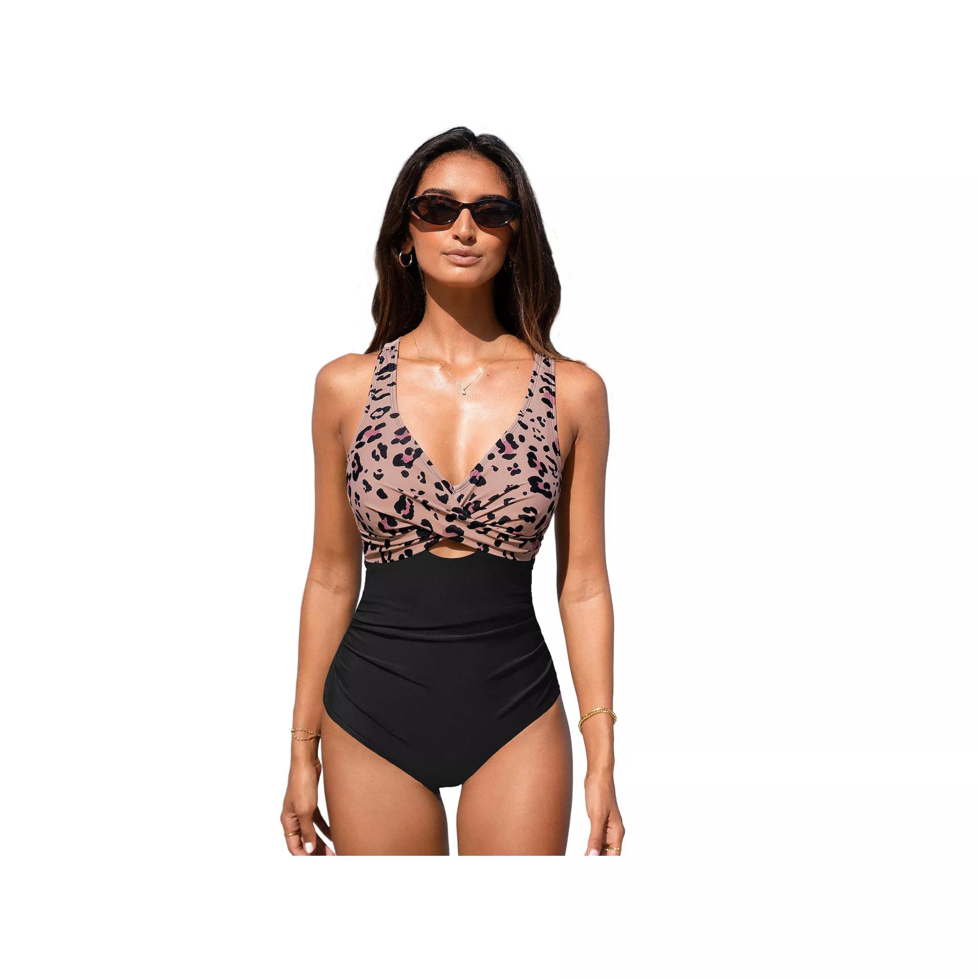 Women's Cupshe Leopard Print Cross Back Ruched One-Piece Swimsuit, Size: Medium, Brown Product Image