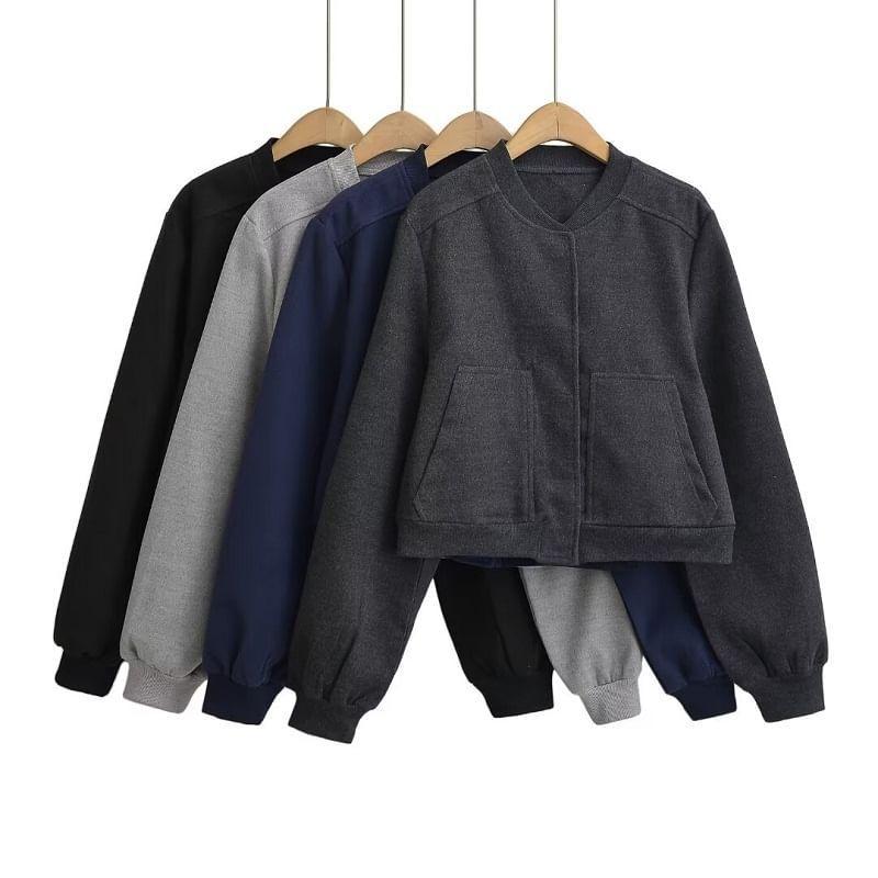 Plain Cropped Button Bomber Jacket Product Image