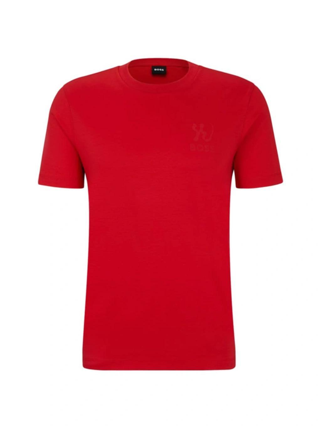 HUGO BOSS Interlock-cotton Regular-fit T-shirt With Special Artwork In Red Product Image