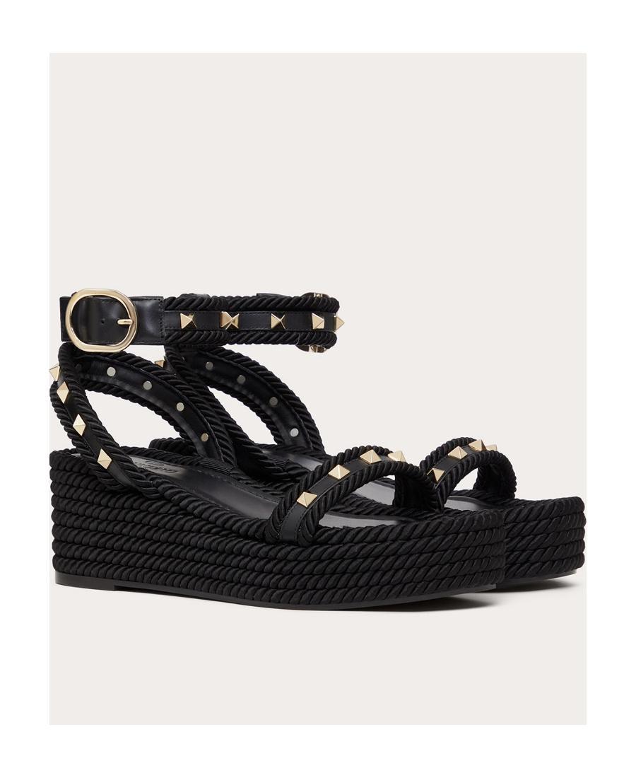 VALENTINO GARAVANI Rockstud Flatform Sandal In Calfskin 45mm Woman Black 36 Product Image