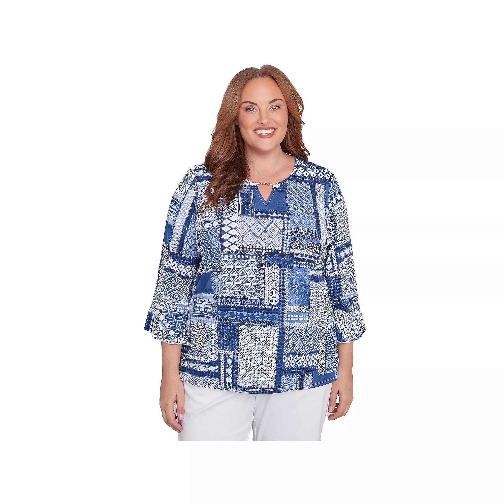 Plus Size Alfred Dunner Beaded Splitneck Patchwork Top, Women's, Size: 1XL, Blue Product Image