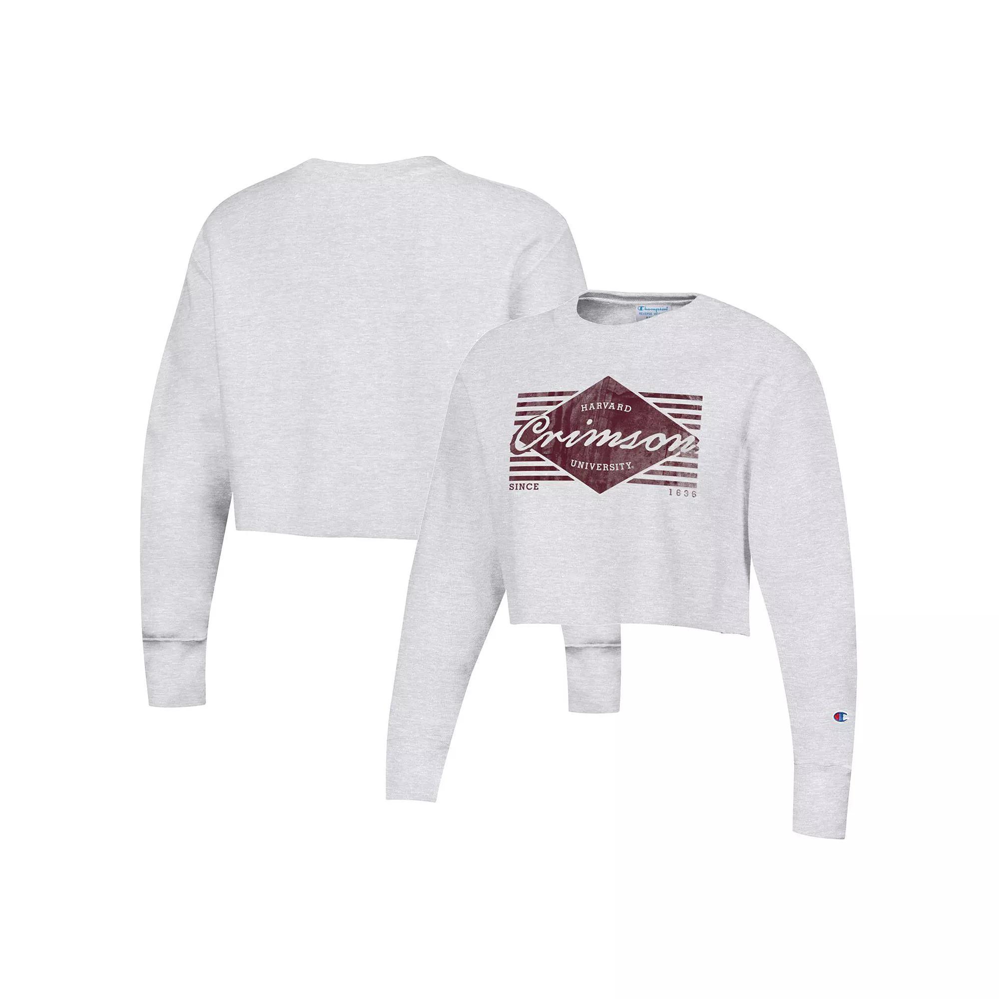 Women's Champion Heather Gray Harvard Crimson Reverse WeaveÂ Cropped Pullover Sweatshirt,  Product Image