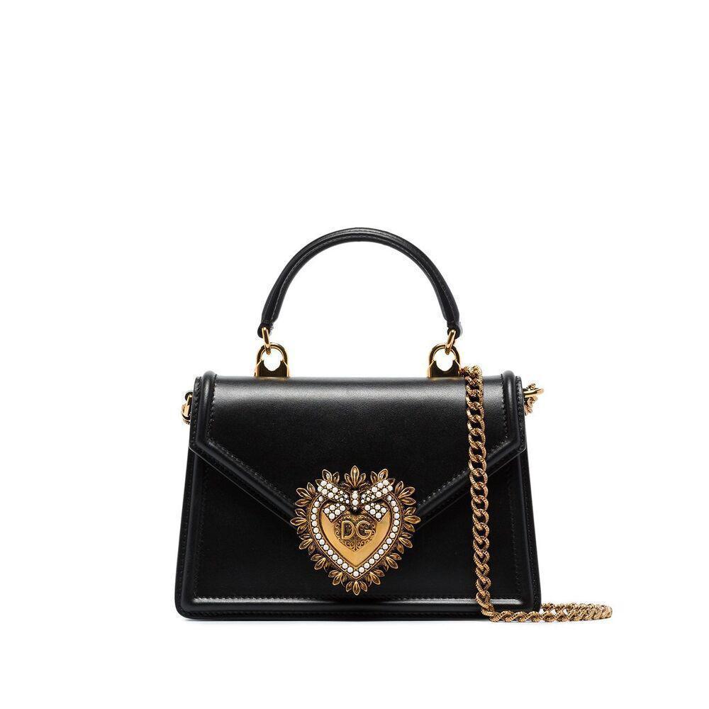 DOLCE & GABBANA Elegant Calf Leather Shoulder Bag With Iconic Heart Emblem And Chain Strap In Black Product Image