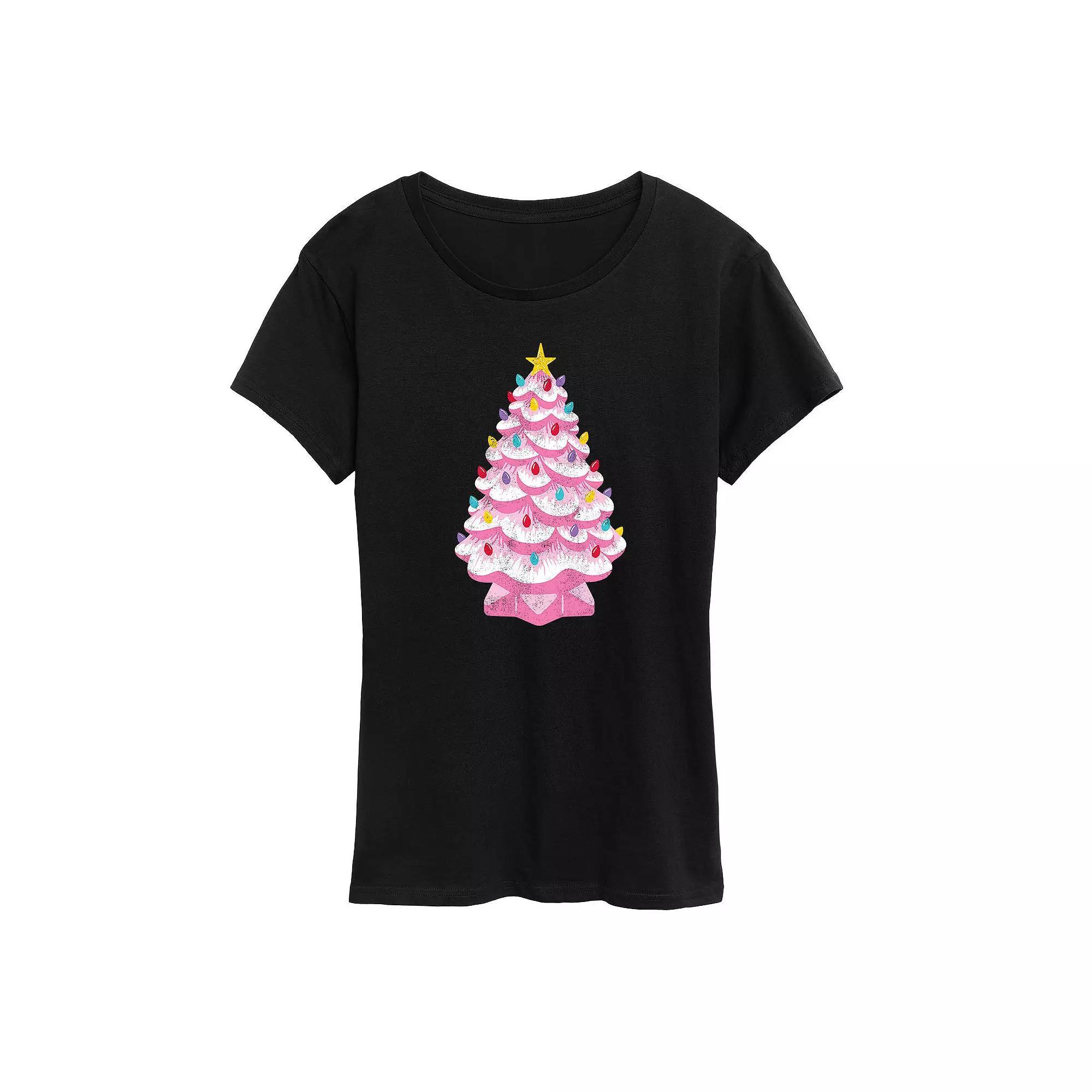 Women's Retro Pink Ceramic Christmas Tree Graphic Tee, Girl's, Size: XL, Black Product Image