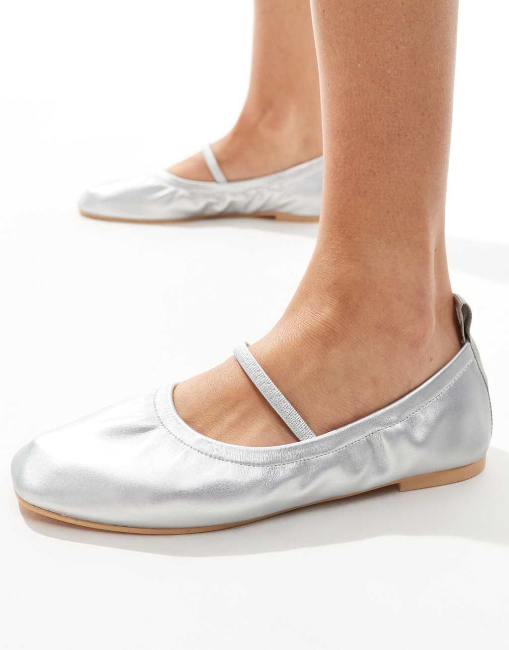 SEQWL Wide Fit elastic topline ballet flats in silver Product Image