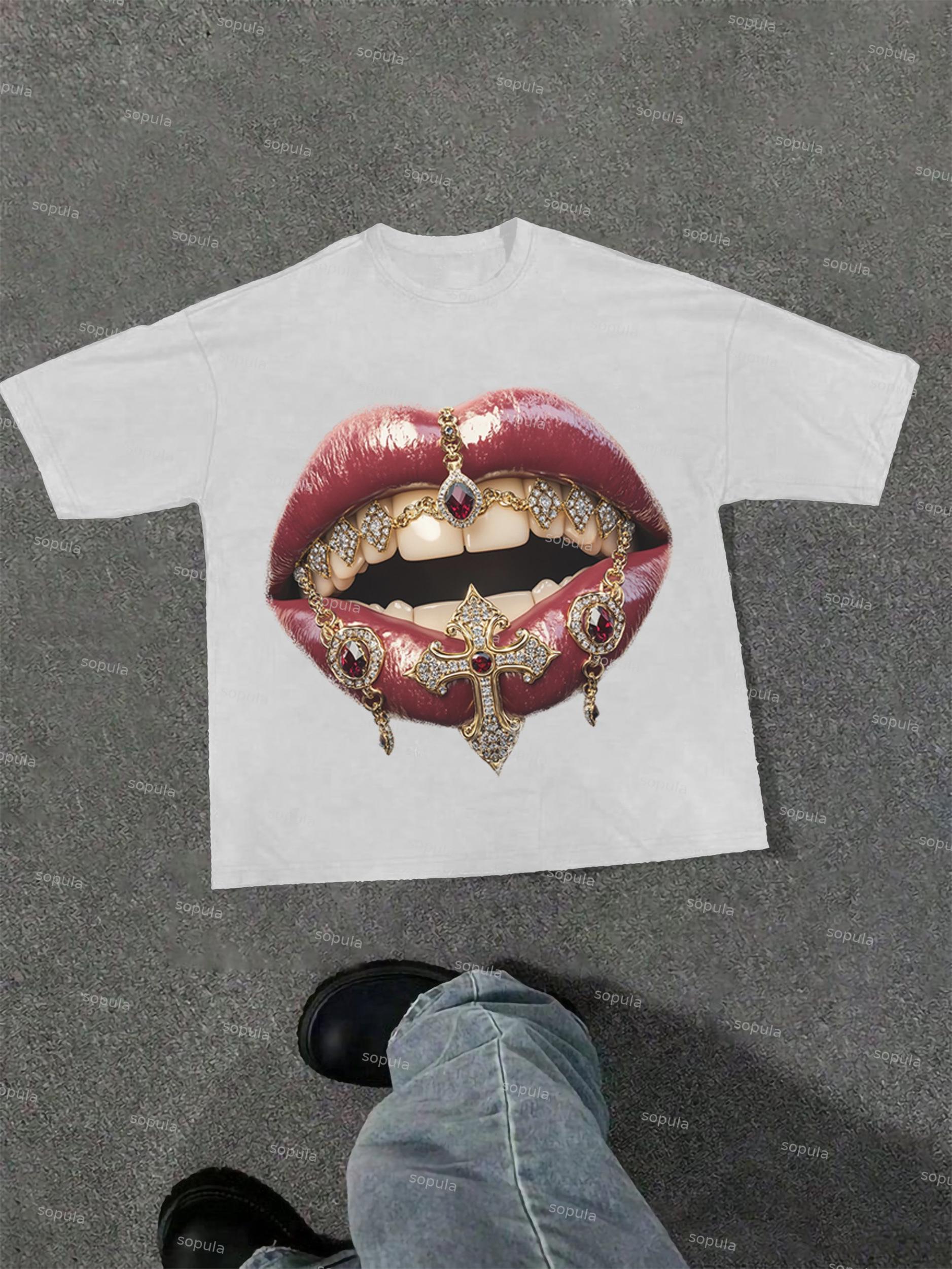 Lips Cross Diamond Print Cotton T-shirt Product Image