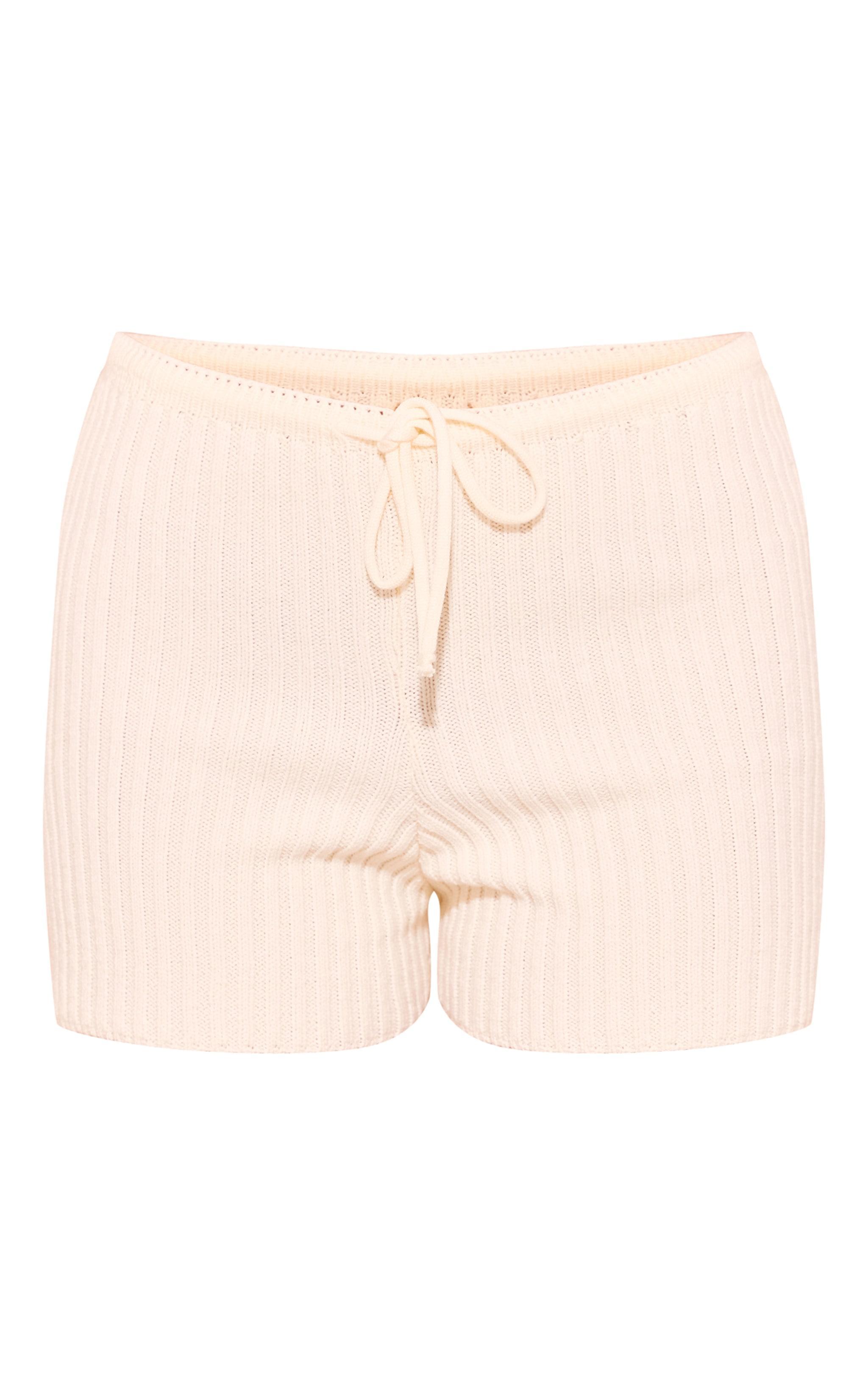 Cream Soft Rib Knit Tie Waist Mini Shorts Product Image