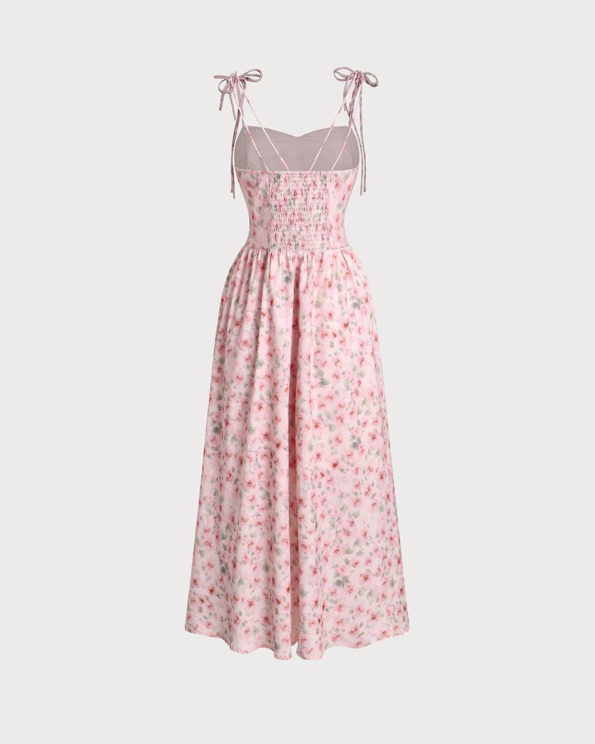 Pink Floral Shirred Slip Midi Dress Product Image