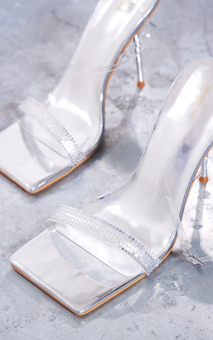 Silver Wide Fit Pu Square Toe Sequin Strap High Heeled Sandals Product Image
