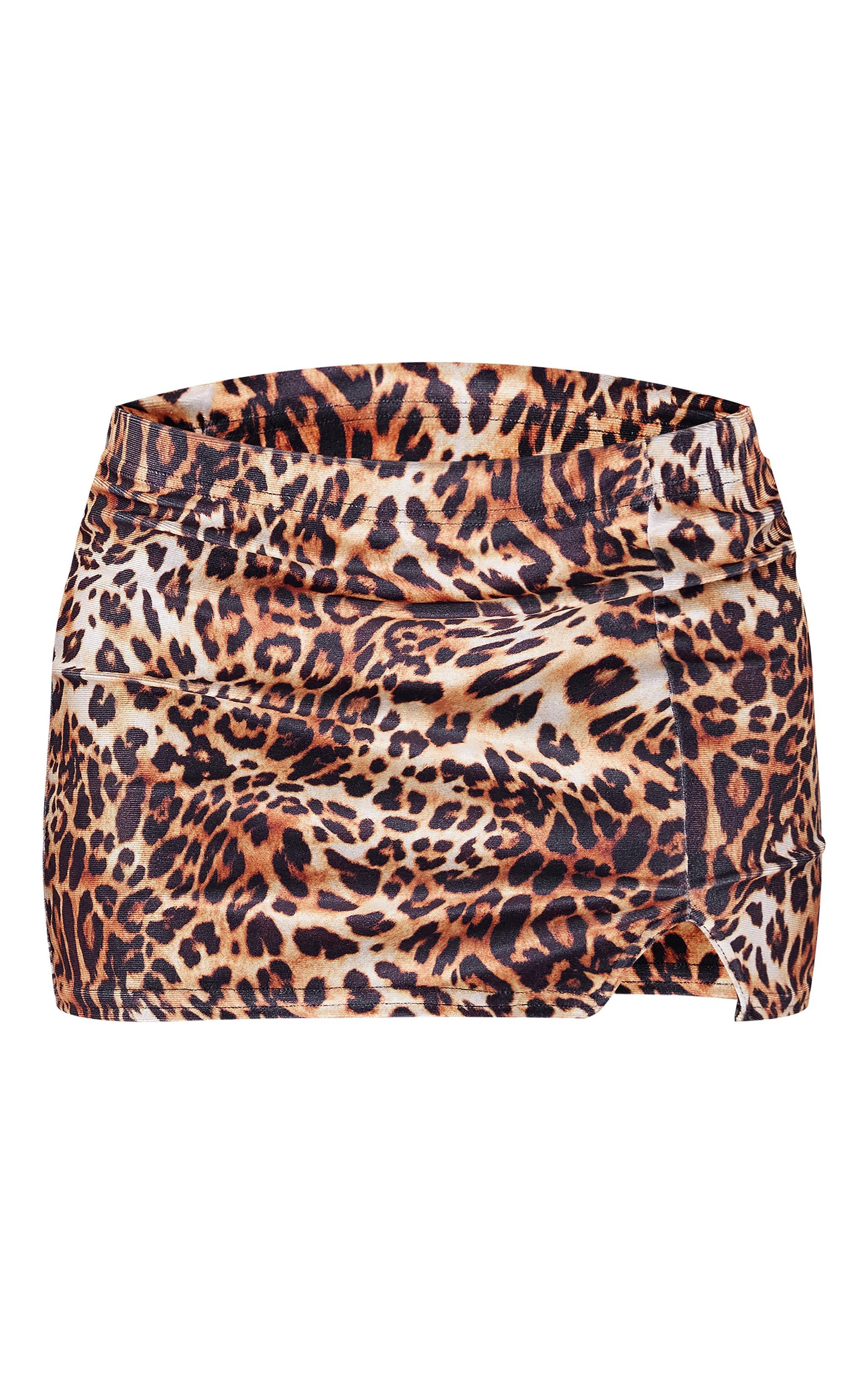 Leopard Printed Velvet Split Detail Mini Skirt Product Image