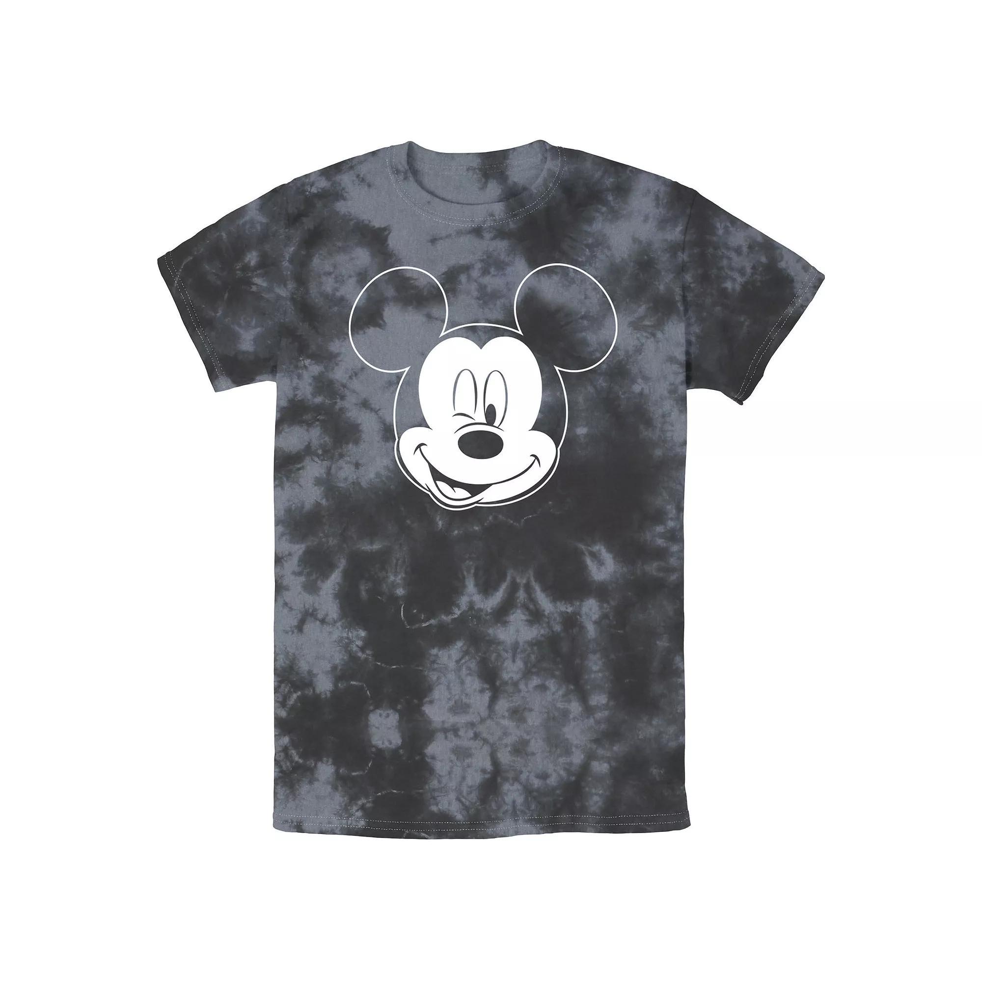 Men's Disney Mickey Mouse Large White Outline Winking Face Bomabrd Wash Tee, Black Grey Product Image